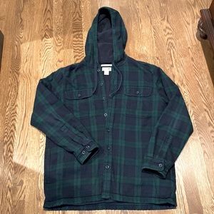LL Bean Scotch Plaid Flannel Fleece Lined Hooded Shirt,Medium, black watch plaid